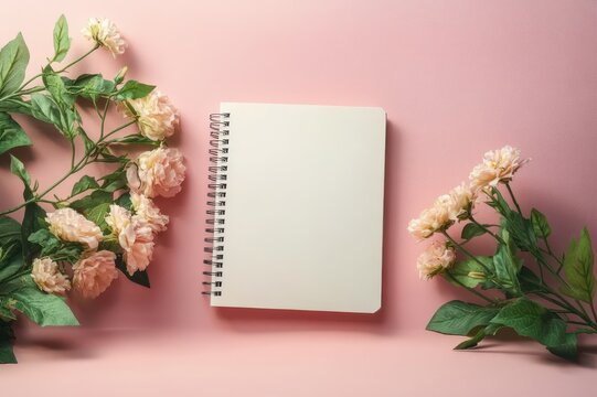 blank spiral notebook on pastel pink background framed by peach roses and green leaves, soft romantic flat lay