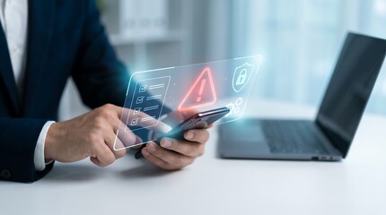 Fototapeta premium Business executive using smartphone to check cybersecurity checklist with warning alert icon and data protection shield in digital office space for corporate network safety monitoring