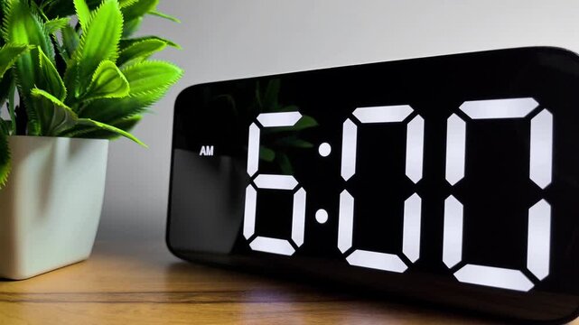 Close up of Digital LED Alarm Clock Changing Time from 5:59 AM to 6:00 AM