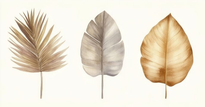 three neutral-toned watercolor leaves on cream background, calm minimalist botanical trio
