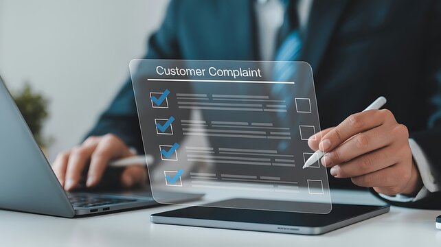 Businessman filling customer complaint form on transparent digital screen