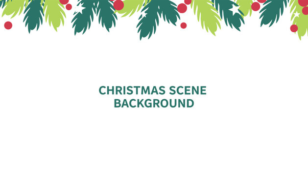 Christmas scene background template with green pine tree branch borders and red berries at the top.