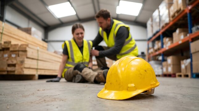 Construction worker kneeling to help injured colleague sitting on warehouse floor near safety hard hat after industrial accident requiring first aid and workplace safety support