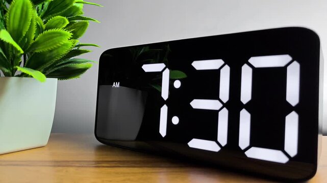 Close up of Digital LED Alarm Clock Changing Time from 7:29 AM to 7:30 AM