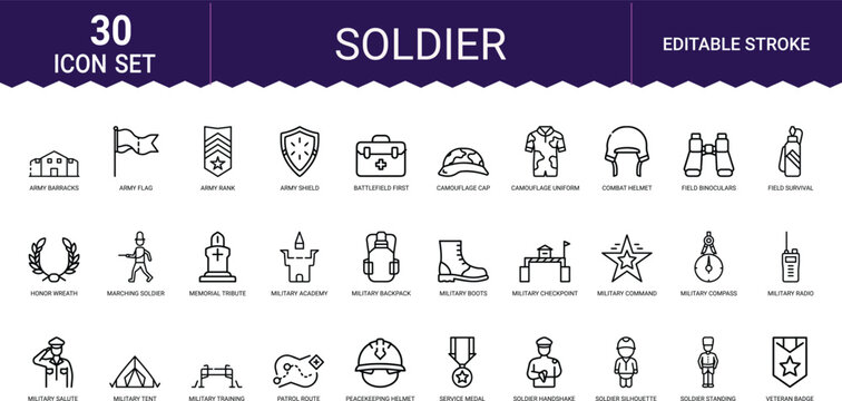 Set of 30 soldier vector icons featuring military equipment uniforms and army symbols now.