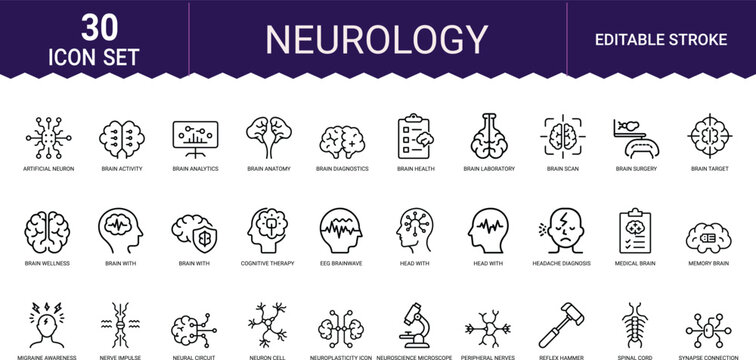 Neurology thin line icon set featuring human brain health diagnostic and medical research.