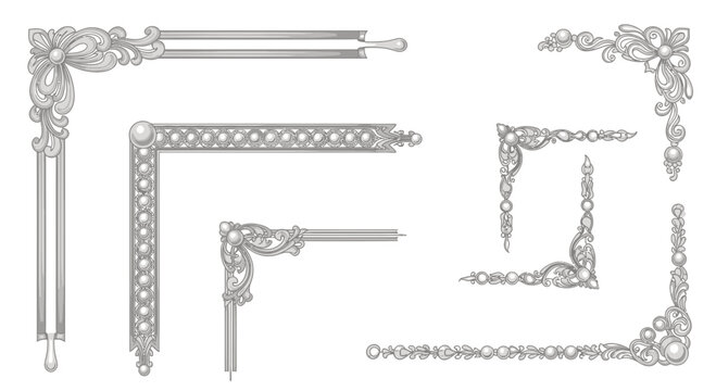 Ornate Silver Decorative Corner Accents and Borders - Vector Elements