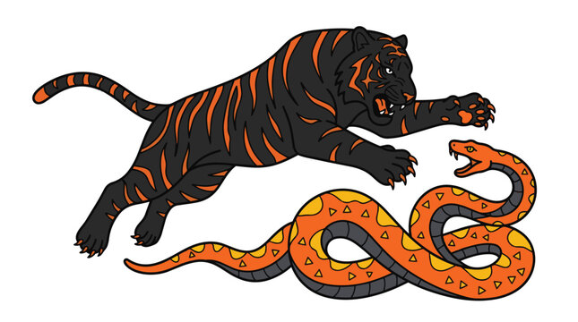 Dynamic illustration of a fierce tiger attacking a colorful snake in a vivid, animated style.