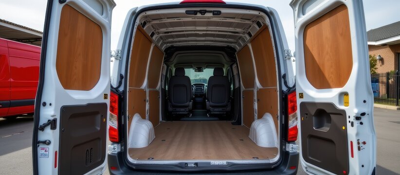 Empty white cargo van with open rear doors showing wooden interior and seats in front
