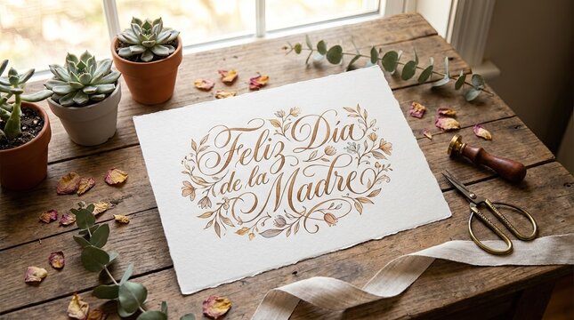 Elegant Feliz D&iacute;a de la Madre Floral Greeting Card on Rustic Wooden Desk Flat Lay with Pink Roses and Modern Aesthetic Decor