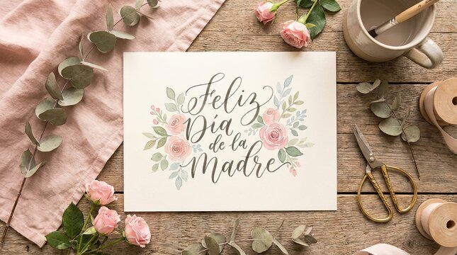 Elegant Feliz D&iacute;a de la Madre Floral Greeting Card on Rustic Wooden Desk Flat Lay with Pink Roses and Modern Aesthetic Decor