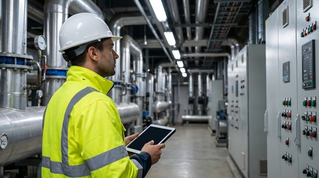 Engineer wearing white hard hat and yellow high visibility safety jacket holding digital tablet while inspecting industrial control panel inside modern factory heating plant facility