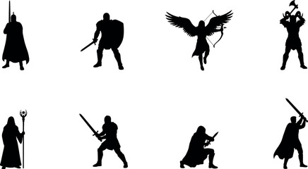 Fototapeta premium Silhouette of fantasy warriors and mythical characters in battle poses on white background