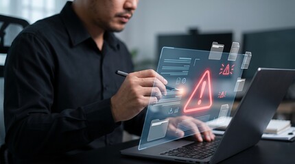 Fototapeta premium Business professional using stylus to interact with digital warning interface showing file error alerts and cybersecurity threats on laptop screen in modern office workspace environment
