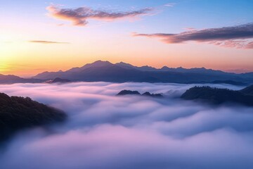 Naklejka premium soft sea of clouds filling mountain valleys at sunrise with pastel pink and purple sky and silhouetted ridges, serene and tranquil atmosphere
