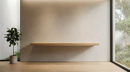 Fototapeta premium Modern Minimalist Wooden Shelf on Beige Wall Background for Product Display with Plant and Interior View