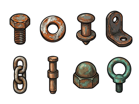 Illustration Of Weathered Industrial Parts Including Rusted Hexagonal Bolt, Circular Washer, Pop Rivet, L-Shaped Bracket, Chain Link, Clevis Pin, And Dome Headed Nut Vector Illustration