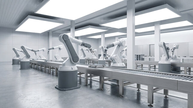 High-performance robotic arm executing precise movements in a brightly lit industrial workspace, reflecting the clean and sophisticated nature of modern automated production.