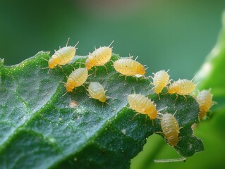 Fototapeta premium Close-up of translucent yellow aphids clustered along the edge of a green leaf, feeding on sap and creating an alarming infestation