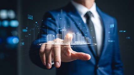 Fototapeta premium Businessman presents futuristic cityscape on hand with technology