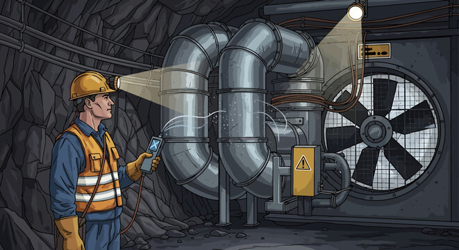 Industrial worker inspecting ventilation system and large fan inside underground mine tunnel illustration.