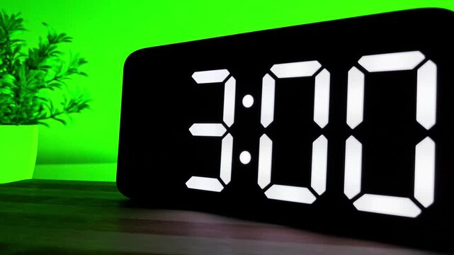 Close up of Digital LED Clock Changing Time from 2:59 to 3:00 on Green Background