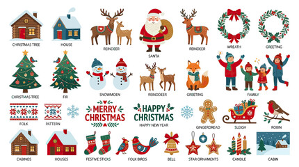 Fototapeta premium Christmas Icons and Symbols: Santa, Reindeer, Snowman, Tree, Gifts, Wreath, Houses