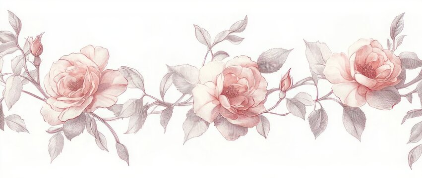 Three soft pastel roses with buds and trailing leafy stems in muted pink and gray-green tones, delicate romantic botanical border evoking calm vintage elegance