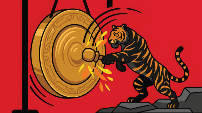 Illustration of a fierce tiger attacking a large wooden target in a dynamic scene.