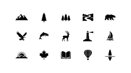 Fototapeta premium Minimalist black and white vector iconset showcasing nature adventure