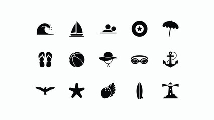 Fototapeta premium Minimalist black and white flat icons showcasing vacation and beach lifestyle elements for travel branding