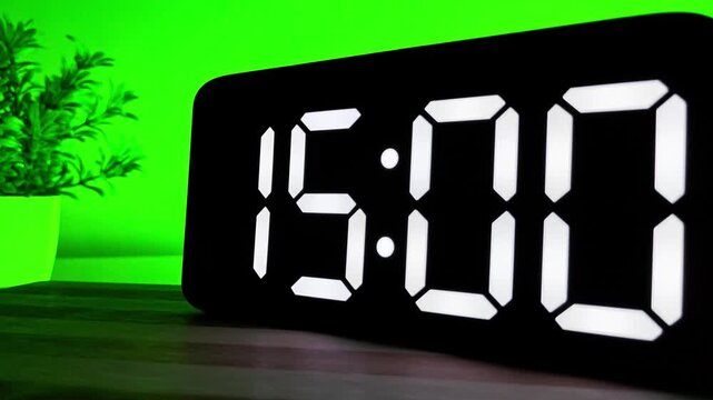 Close up of Digital LED Clock Changing Time from 14:59 to 15:00 on Green Background