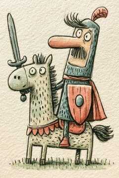 Whimsical Cartoon Knight and Horse with Wide-Eyed Expressions on a Textured Background