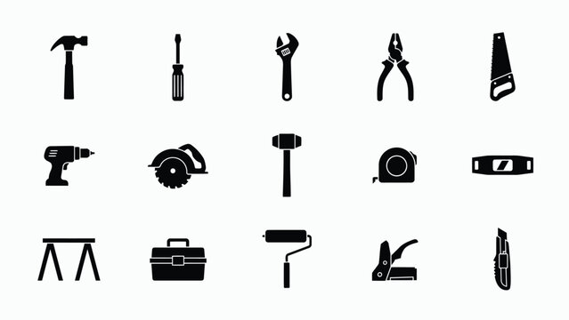 Modern flat vector icons of essential construction tools arranged in a clean organized grid for project planning