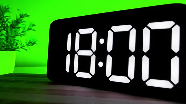 Close up of Digital LED Clock Changing Time from 17:59 to 18:00 on Green Background