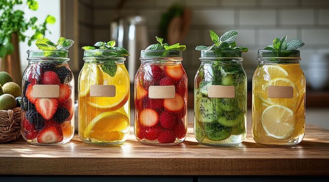 five glass jars of colorful fruit infused water with sliced strawberries, lemons, kiwi, mixed berries and mint on a wooden kitchen counter, bright and refreshing