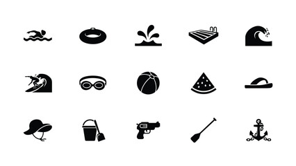 Obraz premium Minimalist black and white icons showcasing diverse beach and water sports activities for vibrant summer branding
