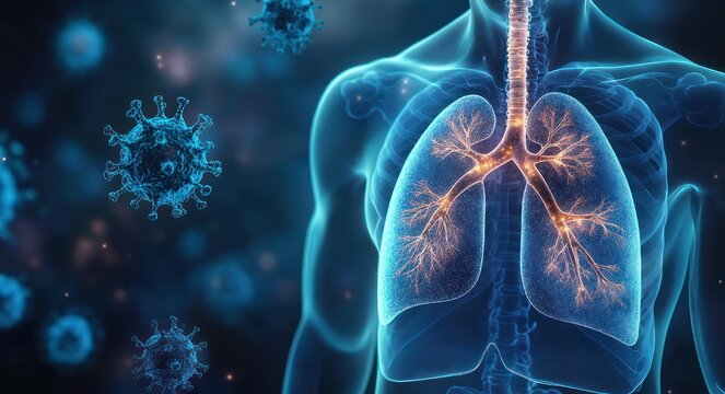 Translucent human torso with glowing lungs and bronchial tree surrounded by floating virus particles, conveying medical concern and respiratory infection risk