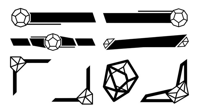 Black and white set of geometric stream overlays featuring solid lower thirds, angled panels, dodecahedron dice, and faceted crystal webcam frames