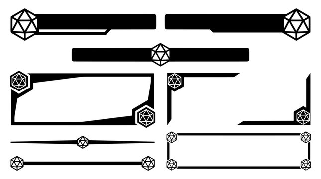 Black and white vector set of solid d20 dice stream overlay UI assets, featuring bold geometric panels, lower thirds, dividers, and webcam borders