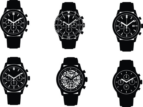 Luxury wristwatch silhouettes set, black chronograph designs, stylish watch collection, vector illustration