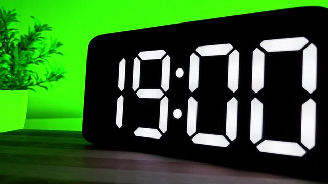 Close up of Digital LED Clock Changing Time from 18:59 to 19:00 on Green Background