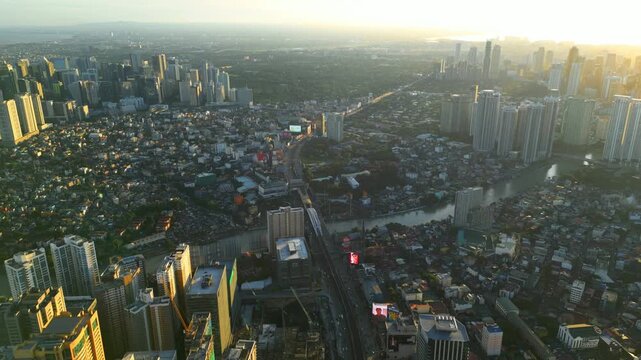 Atmospheric aerial shot of the Shaw Boulevard daytime skyline in Mandaluyong and Pasig Philippines featuring high rices building, pasig river, busy roads, and modern architecture near Ortigas Center.