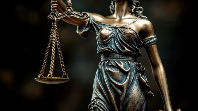bronze robed woman statue holding hanging scales under dramatic lighting, solemn symbol of justice and authority