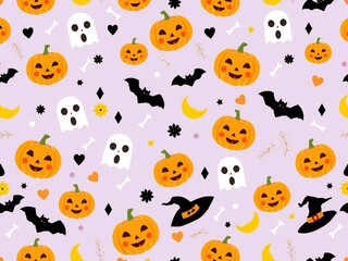 Obraz premium Halloween-themed background featuring jack-o'-lanterns, bats, and witches.