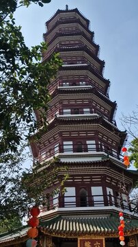 Vertical View, Pagoda of Six Banyan Trees Buddhist Temple in Guangzhou, China