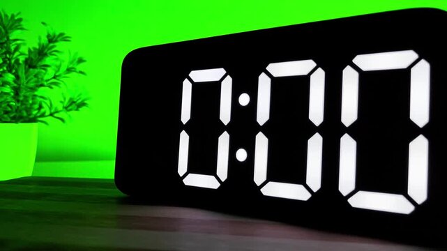 Close up of Digital LED Clock Changing Time from 23:59 to 0:00 on Green Background