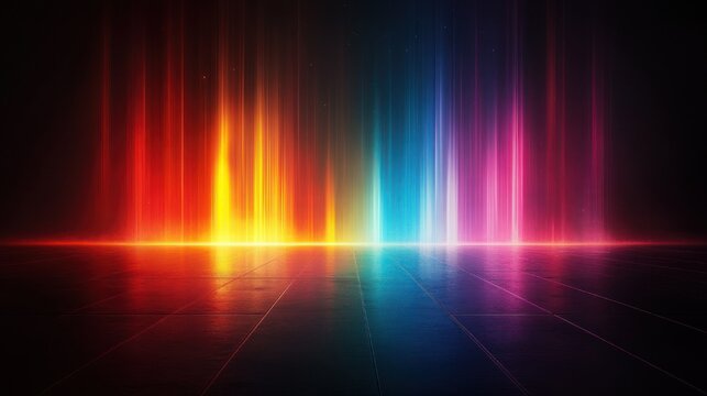 Vibrant multicolored vertical light pillars rising from a glowing horizon over a reflective tiled floor in a dark space, neon spectrum creating an energetic awe-inspiring futuristic atmosphere