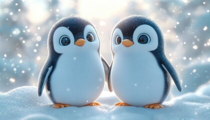 Fototapeta premium two adorable baby penguins standing close on soft snow with falling snowflakes and warm glowing bokeh, affectionate joyful winter scene