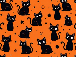 Fototapeta premium A playful pattern of black cats with glowing eyes on an orange background